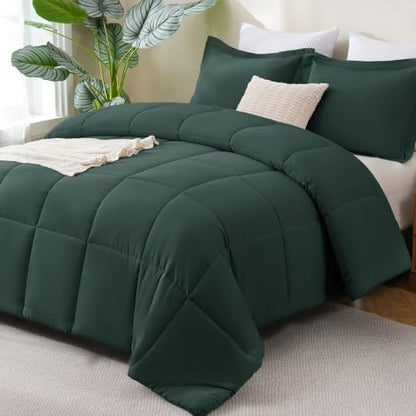 CozyLux Full Size Comforter Sets, 3-Piece Box-Stitched, Forest Green