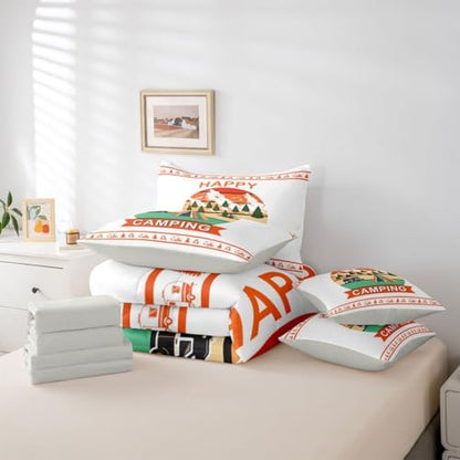 Erosebridal Camper Decor Comforter Set with Sheets Happy Camping Full Size 7 Piece Bedding Set Rv Travel Trailer Bed in A Bag for Kids Teens Adult Bedroom Vintage Rustic Farmhouse Bed Sets, Orange