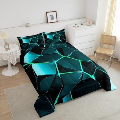 Feelyou Blue Green Hexagon Comforter Stereoscopic Honeycomb Comforter Set for Kids Geometrics Beehive Bedding Set Geometric Honeycomb Duvet Set Simplistic Room Decor Quilt King Size Boys