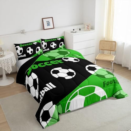 Manfei Boys Soccer Comforter Set King Size, Football Gaming Bedding Set 3pcs, Sports Theme Green Black Down Comforter All Season, Kids Teens Adult Room Decor, Soft and Lightweight, 2 Pillowcases
