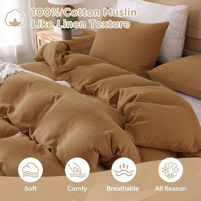 TOCOMOA 100% Muslin Cotton Duvet Cover Set, Burnt Orange, Queen