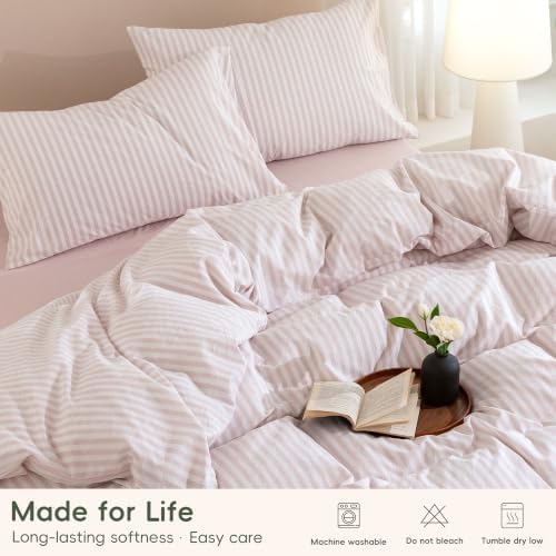 JIYUAN Full Washed Cotton Duvet Cover Set, 3-Piece, Linen-Like Stripe