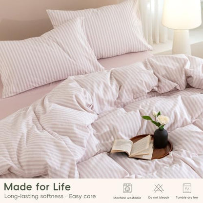 JIYUAN Full Washed Cotton Duvet Cover Set, 3-Piece, Linen-Like Stripe