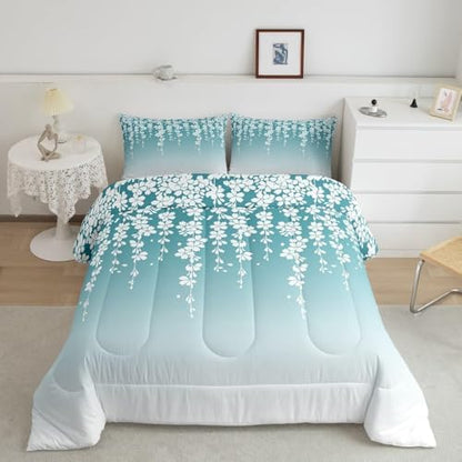 Homewish Peacock Blue Watercolor Gradient Comforter Set King Size Abstract Cherry Blossom Print Bedding Set for Kids Girls Boys Adult Room Decor Nature Botanical Bed Cover Soft Boho Duvet Insert 3Pcs