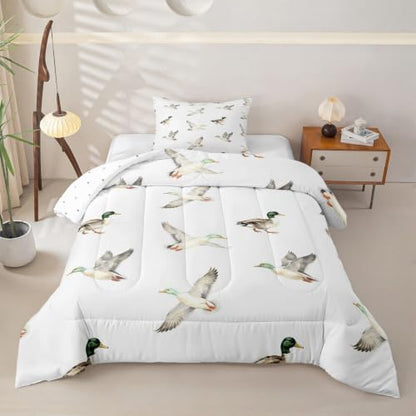 Feelyou Mallard Duck Bedding Set Soft for Boys Girls, Hunting and Fishing Comforter Set Twin Size Wild Animal Duvet Quilt Microfiber Wildlife White Bedroom Decor 2 Pcs with 1 Pillow Cases