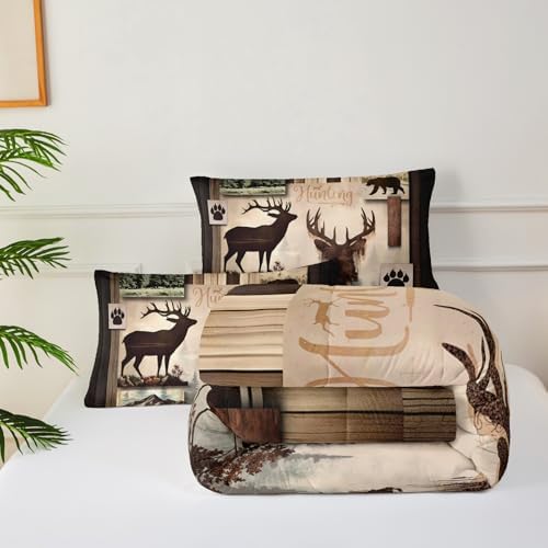 Deer Comforter Set Twin Size，Lodge Quilt Set Twin Size, Rustic Cabin Bedding Set Black Deer，Deer Themed Bedroom Decor with 1 Comforter with 2 Pillow Case