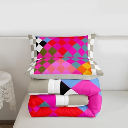 Checkered Geometric Comforter Set All Season Retro Rose Pink Beige Brown Plaid Bedding Set with 1 Pillow Cases Checkerboard Modern Aesthetic Kids Toddler Bedclothes Reversible Grey Decor Duvet Quilt