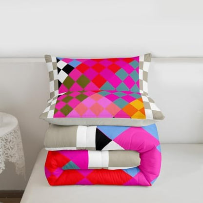 Checkered Geometric Comforter Set All Season Retro Rose Pink Beige Brown Plaid Bedding Set with 2 Pillow Cases Checkerboard Modern Aesthetic Kids Full Bedclothes Reversible Grey Decor Duvet Quilt