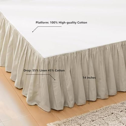 FALUCA Soft Cozy French Linen Bed Skirt with Pleated Frills - 14" Tailored Drop Dust Ruffle for Farmhouse & Modern Bedrooms, Breathable Linen-Cotton Blend, Easy-Fit Bedding (14" Queen, Linen)