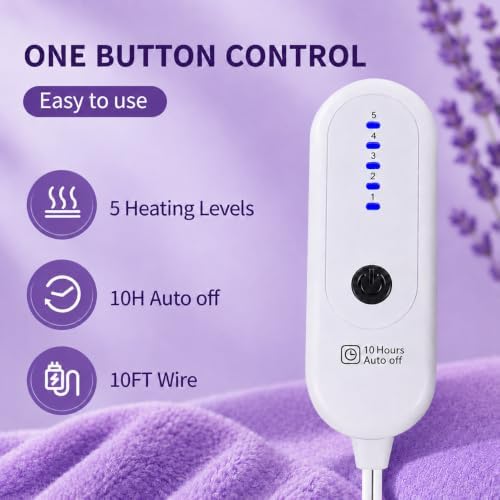 Electric Blanket Twin Size，62"x84" Heated Blanket with Overheating Protection, Extremely Cozy Soft Fast Heating with 5 Levels & 10 Hours Auto Off, Lavender Violet