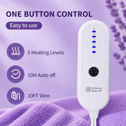 Electric Blanket Twin Size，62"x84" Heated Blanket with Overheating Protection, Extremely Cozy Soft Fast Heating with 5 Levels & 10 Hours Auto Off, Lavender Violet
