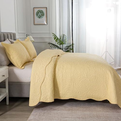 HoneiLife Queen Size Quilt Sets - 3 Piece Queen Quilt Bedding Set Microfiber Quilt Set Lightweight Bedspreads Reversible Coverlets Retro Bed Cover Floral Bedding Set All Season Quilts-Yellow