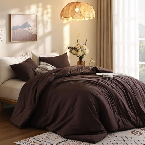 ROSGONIA Full Size Comforter Set, Brown, 3 Pieces Soft Bedding Quilt