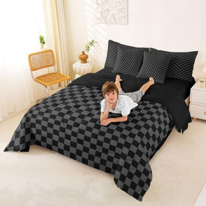 jejeloiu Black Grey Plaid Comforter Set with Sheets 7 Piece Full Size