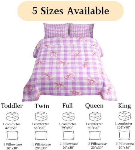 jejeloiu Checkerboard Bowknot Bedding Set Soft for Boys Girls, Pink Bow Comforter Set King Size Plaid Duvet Quilt Microfiber Purple Bedroom Decor 3 Pcs with 2 Pillow Cases