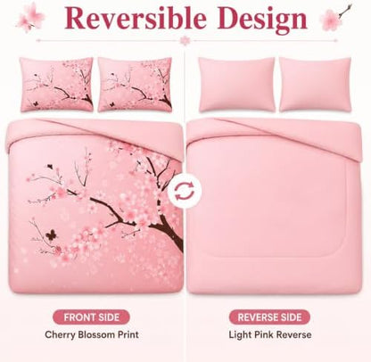 CCoutueChen Pink Cherry Blossom Comforter Set Queen,Japanese Floral Bedding