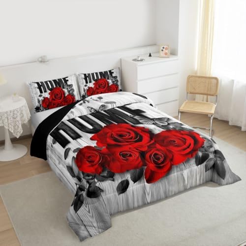 Castle Fairy Red Rose Kids Comforter Set,Wooden Plank Rustic Farmhouse Bedding Set All Season,Boys Girls Teens Bedroom Decor,Valentine's Day Romantic Comforter Toddler Size,1 Pillowcase