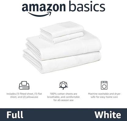 Amazon Basics 100% Cotton Jersey Bed Sheet Set, Full Size, Breathable, All-Season, Machine Washable, White, Solid