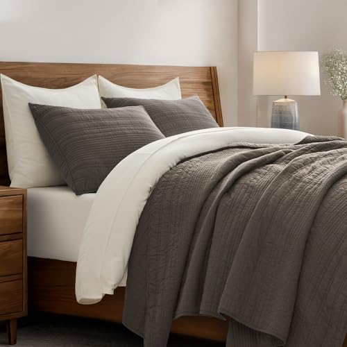EVERGRACEHOME 100% Cotton Modern Lines Quilt Set Queen Size, Mushroom Brown