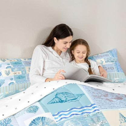 Ocean Shell Conch Comforter Set King Size,Geometric Stripes Plaid Quilt Set Vintage Sketch Coral Fish Bedding Set 3Pcs for Kids Girls Boys Adult Room Decor,Sea Blue Duvet Insert,2 Pillowcases