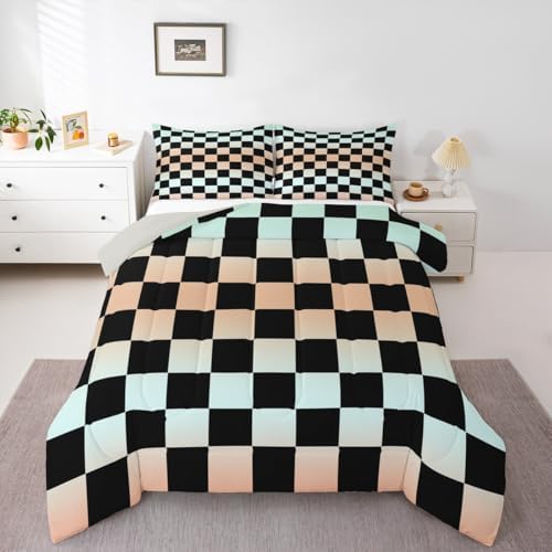 Checkered Geometric Bedding Set for Boys Girls Gradient Teal Blue Plaid Comforter Set Twin Size Checkerboard Modern Aesthetic Duvet Quilt Reversible Grey Bedroom Decor 2 Pcs with 1 Pillow Cases