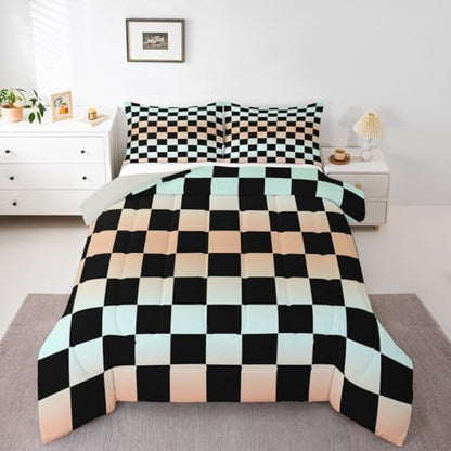Checkered Geometric Bedding Set for Boys Girls Gradient Teal Blue Plaid Comforter Set Twin Size Checkerboard Modern Aesthetic Duvet Quilt Reversible Grey Bedroom Decor 2 Pcs with 1 Pillow Cases