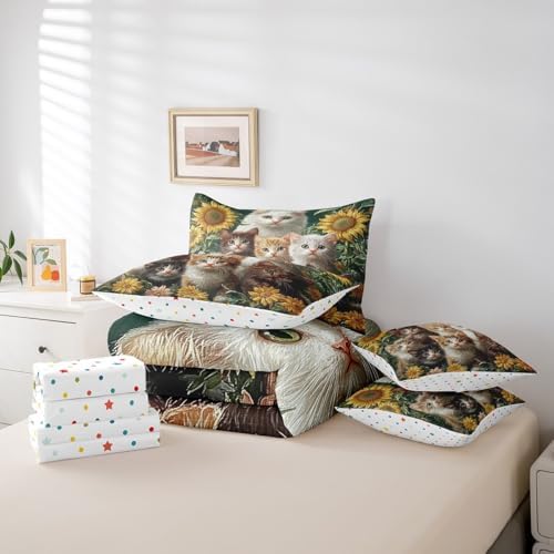 Feelyou Cute Cat Comforter Set 7 Pieces Twin Size Sunflower Bedding Set for Boys Girls Kawaii Pet Kitten Bed in a Bag with Comforter, Sheets, Pillowcases & Cushion Covers