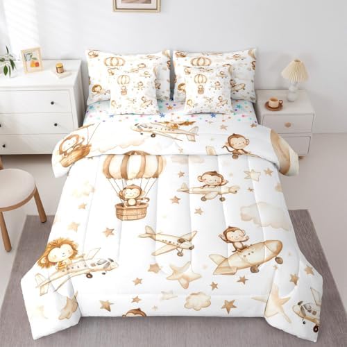 Erosebridal Kids Airplane 7 Pcs Bedding Set Queen, Cartoon Aircraft Comforter Set with Sheets, Hot Air Balloon Star Cloud Bed in A Bag, Cute Monkey Lion Wildlife Bed Sets for Boys Girls Adults