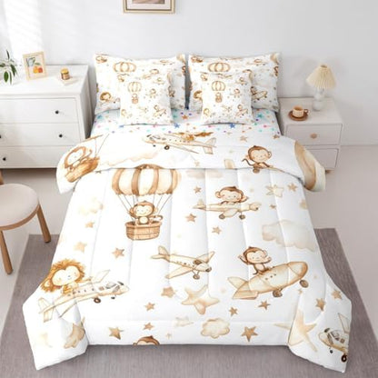 Erosebridal Kids Airplane 7 Pcs Bedding Set Queen, Cartoon Aircraft Comforter Set with Sheets, Hot Air Balloon Star Cloud Bed in A Bag, Cute Monkey Lion Wildlife Bed Sets for Boys Girls Adults