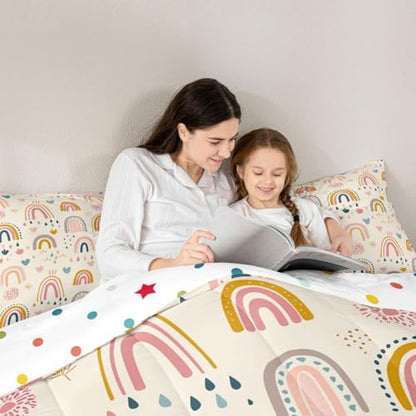 jejeloiu Lovely Kids Rainbows Comforter Set Toddler Size Cute Rainbow Bedding Set for Kids Boys Girls Cute Princess Duvet Quilt Bedroom Decor Microfiber 2 Pcs with 1 Pillow Cases