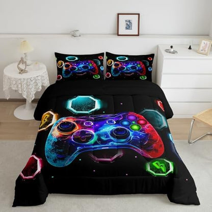 Feelyou Kids Gamer Comforter Toddler Size, Game Console Comforter Set Boys Girls Space Universe Gaming Bedding Set Gamepad Teens Duvet Set Bedroom Decor Microfiber Bed Set