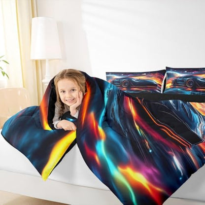 Erosebridal Kids Boys Sports Car Comforter Set Queen Size,Cosmos Outer Space Universe Bedding Set Race Car Room Decor,Glitter Stars Galaxy Racing Cars Comforter,Cool Speed Race Sport Car Duvet Insert