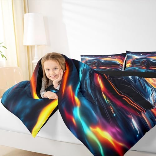 Erosebridal 3 Pieces Race Car Comforter Set Full Size Black Sports Cars Bedding Sets for Boy Car Room Decor 3D Geometric Bed in A Bag with 1 Comforter,2 Pillowcases,Colorful,All Season