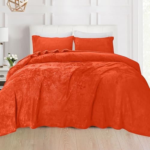 Elegant Comfort Luxuriously Soft 4-Piece Velvet Plush Flannel Sheet Set - Premium Quality - Cozy Warm, Anti-Static, Non Pilling Fuzzy Velvet Flannel Fleece Deep Pocket Sheet Set - Queen, Orange