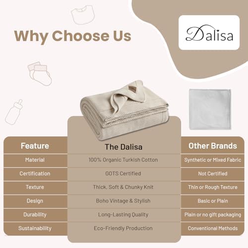 Dalisa 100% Organic Turkish Cotton Throw Blanket - GOTS Certified, Cozy - Perfect for Couch, Bed, and Home Decor - Boho Vintage Knit Alina (Beige, 50x60)