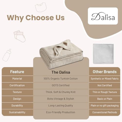 Dalisa 100% Organic Turkish Cotton Throw Blanket - GOTS Certified, Cozy - Perfect for Couch, Bed, and Home Decor - Boho Vintage Knit Alina (Beige, 50x60)