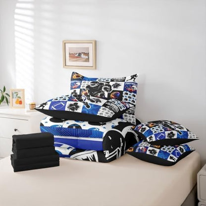 Erosebridal Sports Twin Bedding Set - Football Patchwork Bed in a Bag,Geometric Ball Pattern Comforter Sets with Sheets, Rugby Game 7 Pieces Bed Set Bedroom Decor