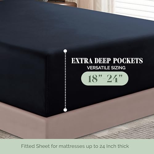 Elegant Comfort 1500 Premium Hotel Quality 18-24 Inches Deep - Extra Deep Pocket Single Fitted Sheet for High Mattress, Luxury and Softest, Smart Pocket - Wrinkle Free, King, Black