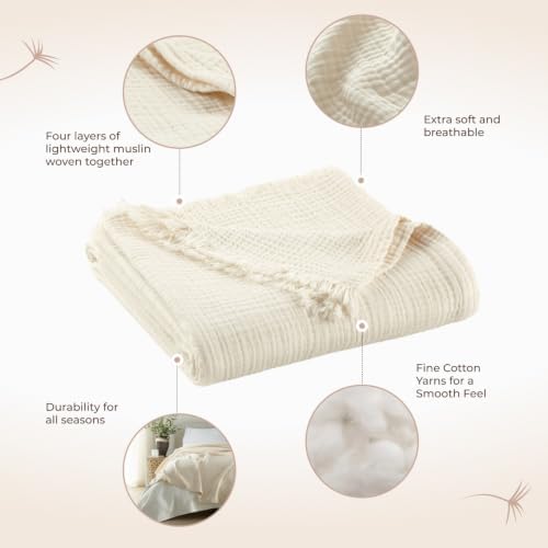 100% Cotton Organic Muslin Throw Blanket for Adults GOTS & Fairtrade Certified Organic Cotton - Couch Living Room and Bedroom Decor - 4 Layer Super Soft and Cozy (Natural, Large Throw)