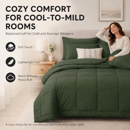 CozyLux Queen Comforter Set Olive Green - 7 Pieces Bed in a Bag