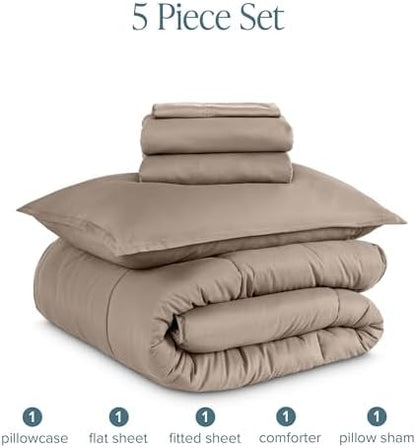 Bare Home Bed-in-A-Bag 5 Piece Comforter & Sheet Set - Twin - Goose Down Alternative - Ultra-Soft 1800 Premium Bed Set (Twin, Taupe/Taupe)