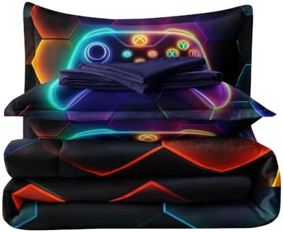 5PCS Gaming Comforter Sets Queen,Queen Comforter Set for Boys,Gaming Geometry Bed Set for Boys,Adults,Teens,All Season Use