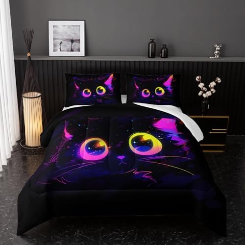 Nttopship Cute Cat Kids Comforter Set Queen Size 3pcs Black in Dark 3D Digital Animals Printed Pattern Comforter Set for Kids Boys Girls Adults Animal Print Room Decor Comforter with 2 Pillowcases