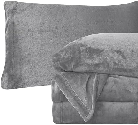Elegant Comfort Luxuriously Soft 4-Piece Velvet Plush Flannel Sheet Set - Premium Quality - Cozy Warm, Anti-Static, Non Pilling Fuzzy Velvet Flannel Fleece Deep Pocket Sheet Set - Twin, Gray