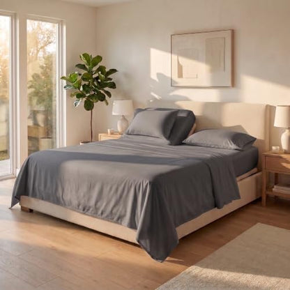 Top Split King Sheets Sets for Adjustable Bed, 4 Pcs Deep Pockets Double Brushed Microfiber Sheets, 34 Inch Split Top Fitted Sheet, 1 King Flat Sheet and 2 Pillowcases - Dark Grey