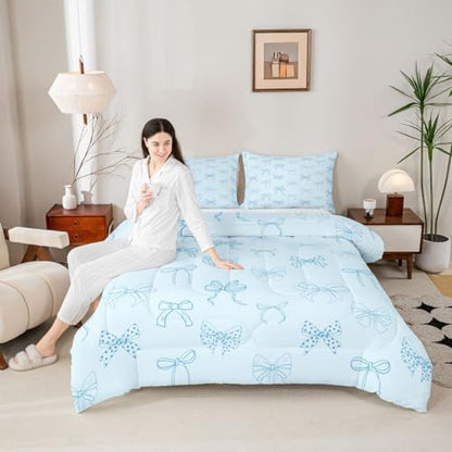 jejeloiu Bow Comforter Set All Season Bowknot Bedding Set with 2 Pillow Cases Bow Tie Microfiber Kids King Bedclothes Dreamy Princess Style Bedroom Decor Duvet Quilt Breathable Soft Lightweight