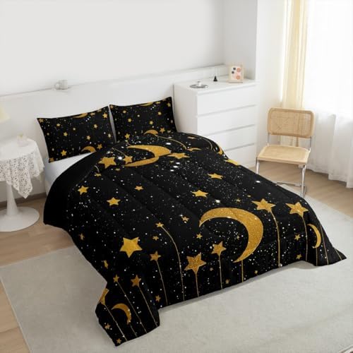 Homewish Starry Sky Full Size Comforter Set,Stars and Moon Bedding Set for Adults Teens,Children Gold and Black Comforter Luxury Galaxy Quilt Set Room Decor 3Pcs