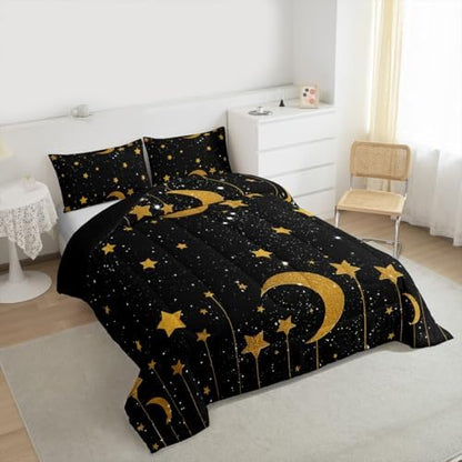 Homewish Starry Sky Full Size Comforter Set,Stars and Moon Bedding Set for Adults Teens,Children Gold and Black Comforter Luxury Galaxy Quilt Set Room Decor 3Pcs
