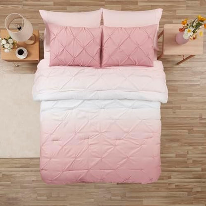 5 Piece Comforter Set Bed in a Bag Ombre Pintuck Design All Season Soft Down Alternative Bedding Comforter Set & Luxurious Matching Bed Sheets & Pillow Sham, Ombre Pintuck Blush, Twin