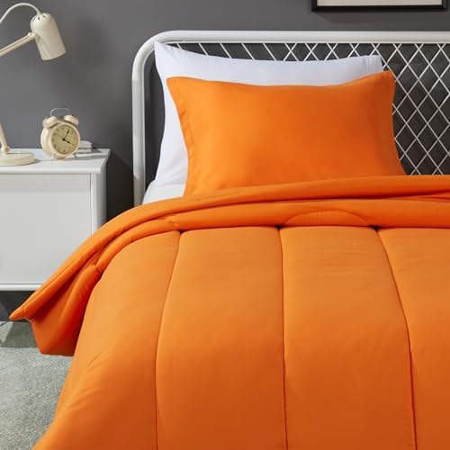 Amazon Basics 2-Piece Soft Microfiber Kids' Comforter and Pillow Sham Set, Twin, Bright Orange, Solid